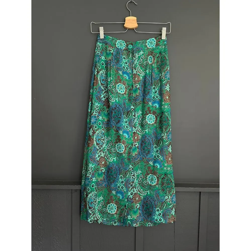 Vintage Kathryn Conover Union Made Green Paisley Straight Midi Skirt Size XXS